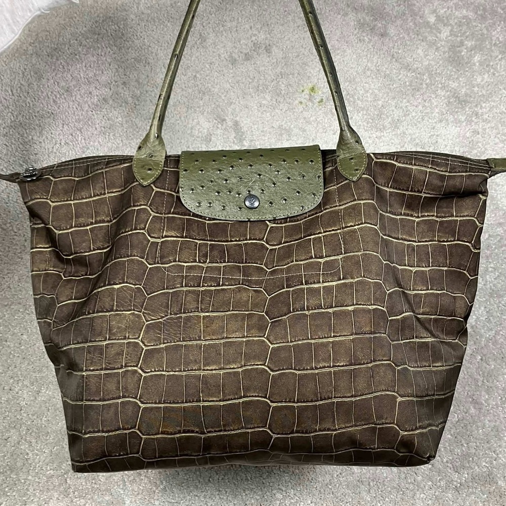 Longchamp Le Pliage Tote Womens Large Green Croc Ostrich Embossed